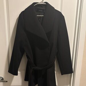 Tahari Black Wrap Belted Trench Coat with Shawl Collar
